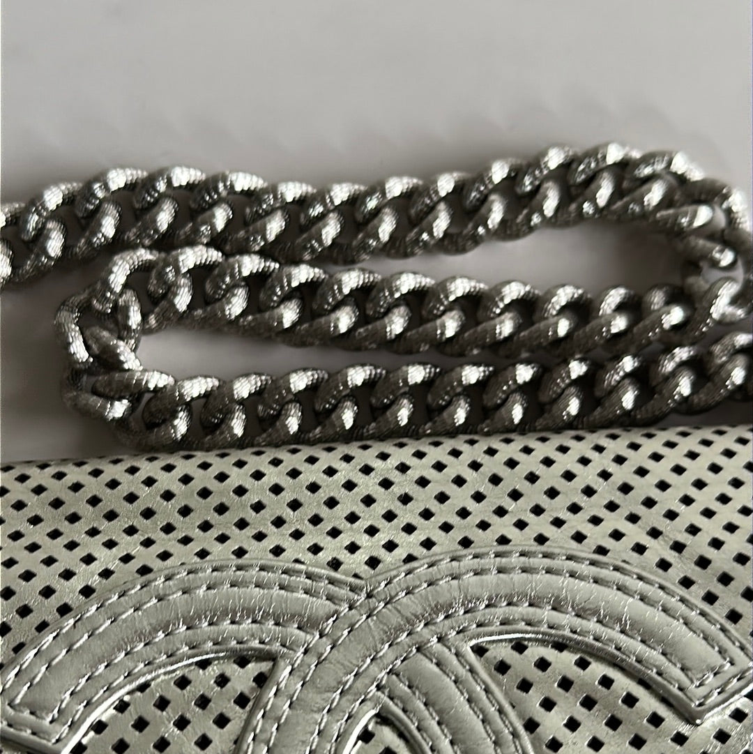 Chanel Silver Metallic Perforated Leather Shoulder Bag, Preowned