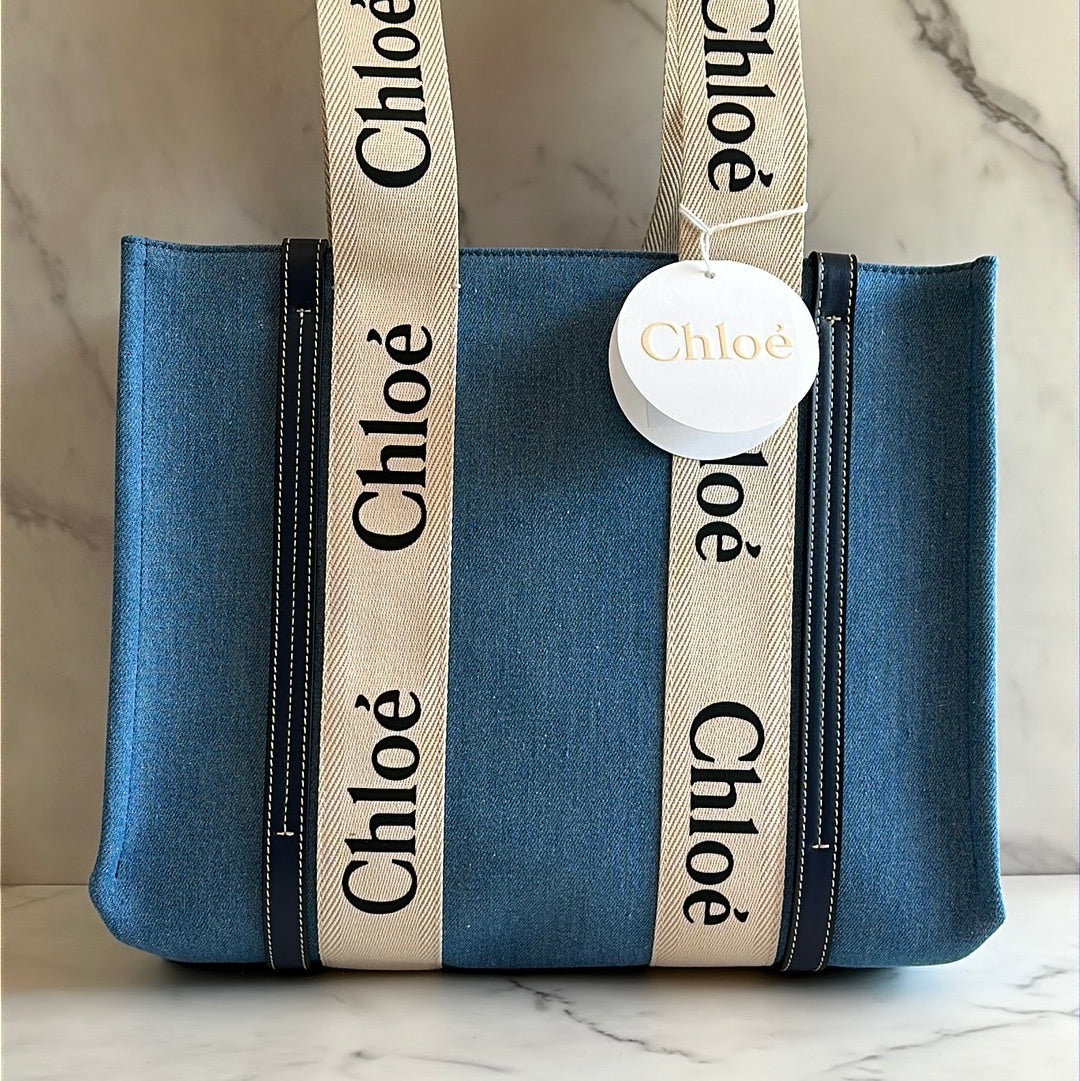 Chloe Medium Woody Tote Bag in Navy, New with dustbag