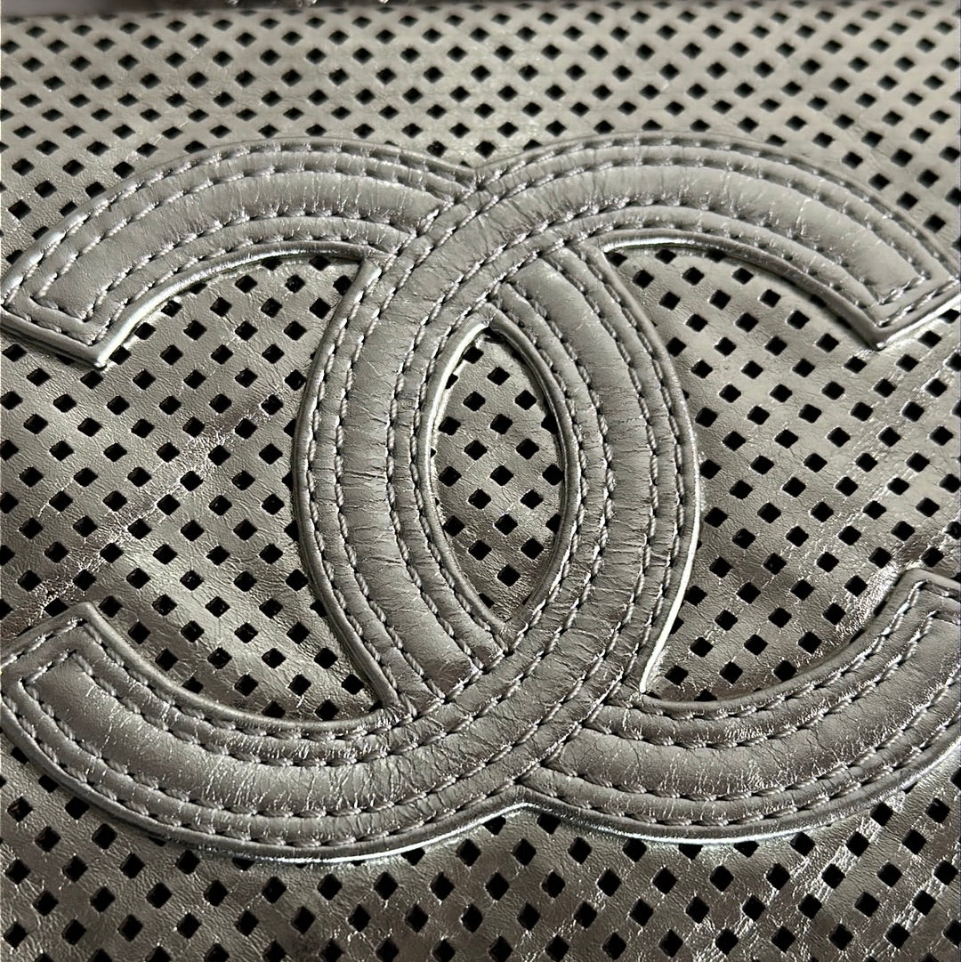Chanel Silver Metallic Perforated Leather Shoulder Bag, Preowned