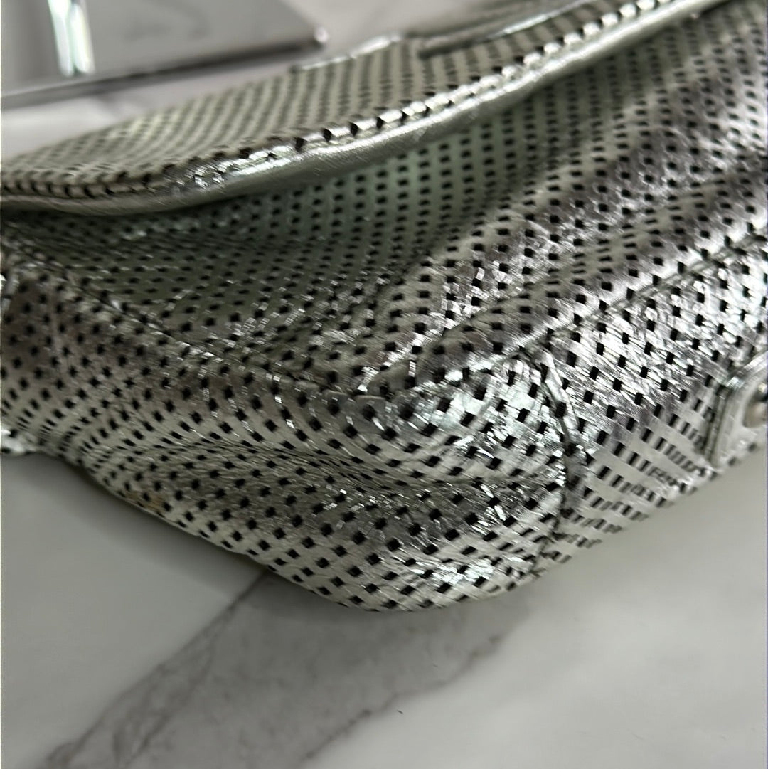 Chanel Silver Metallic Perforated Leather Shoulder Bag, Preowned