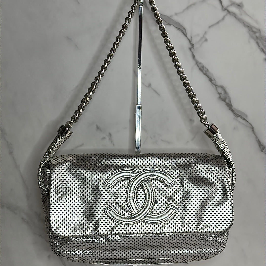 Chanel Silver Metallic Perforated Leather Shoulder Bag, Preowned