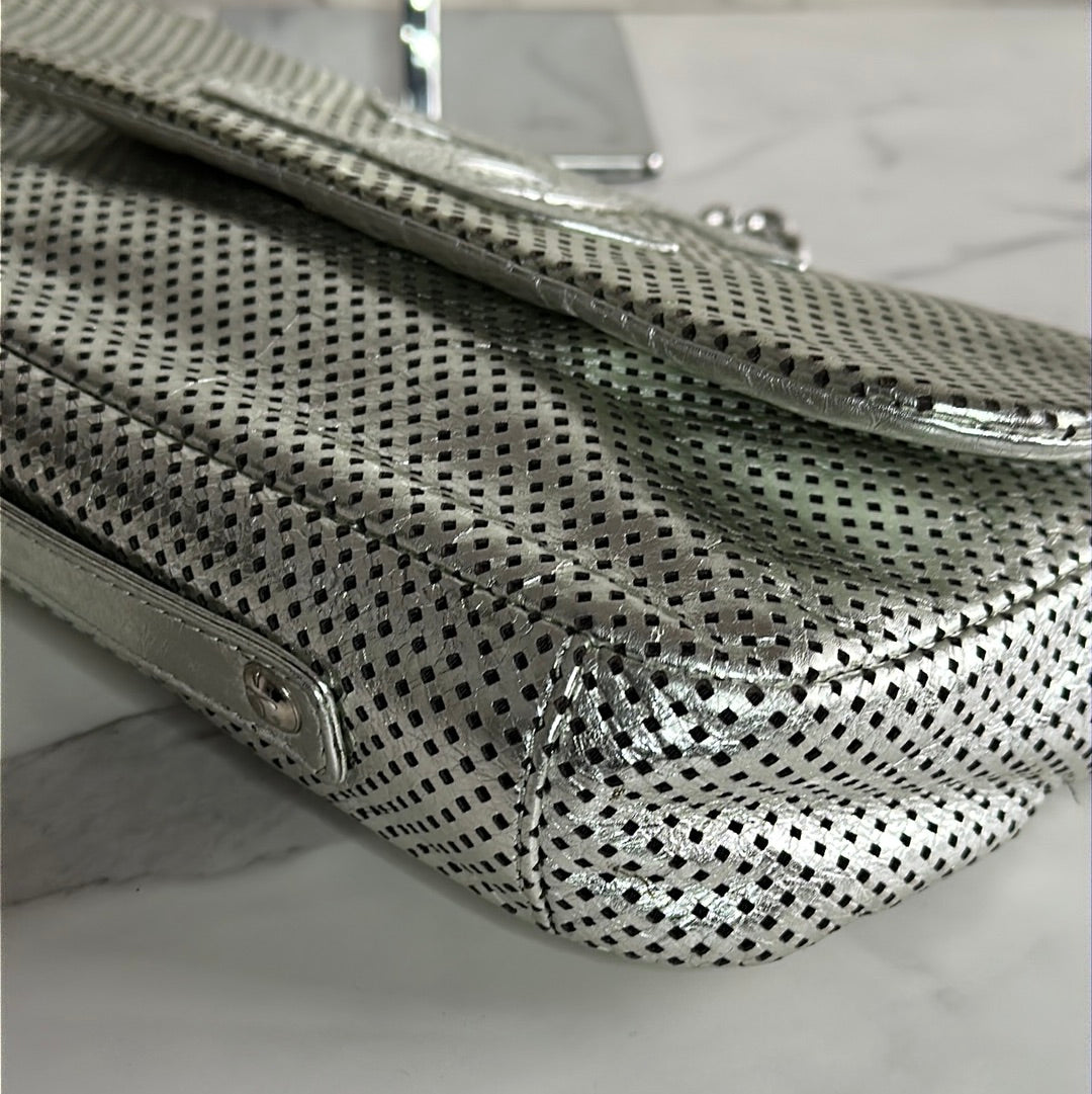 Chanel Silver Metallic Perforated Leather Shoulder Bag, Preowned