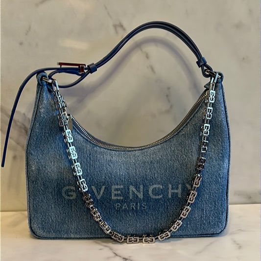 Givenchy Small Moon Cut Out bag in washed denim with chain, NEW