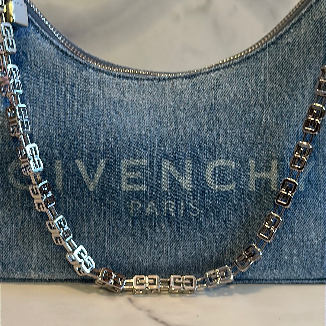 Givenchy Small Moon Cut Out bag in washed denim with chain, NEW