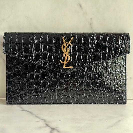 Saint Laurent Uptown Croc embossed clutch, New