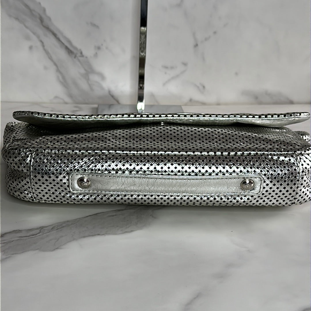 Chanel Silver Metallic Perforated Leather Shoulder Bag, Preowned