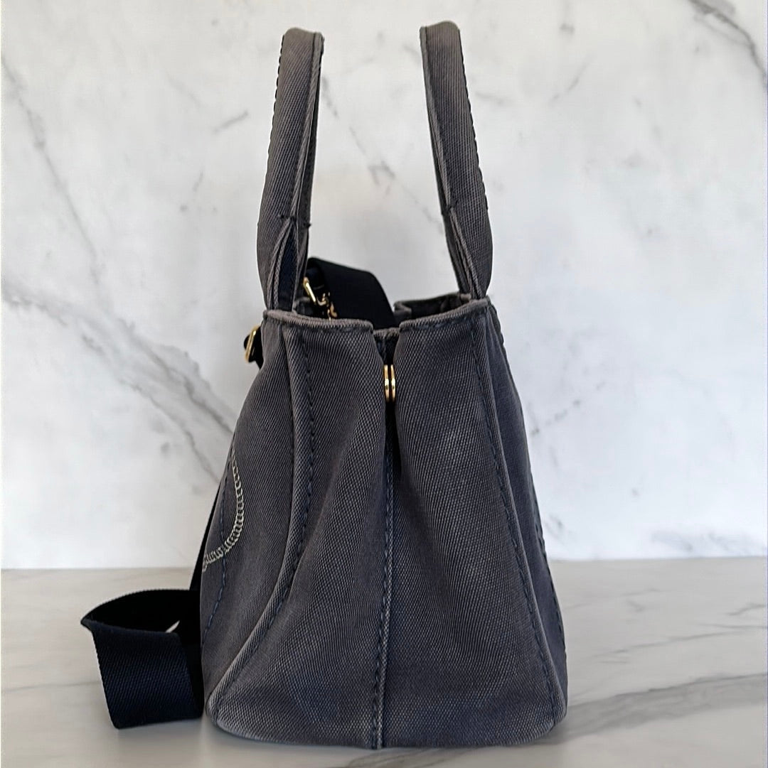 Prada Mini Canapa Canvas Tote Bag Navy Blue, Preowned