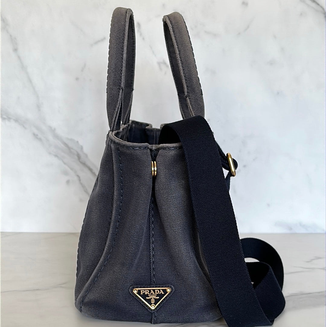 Prada Mini Canapa Canvas Tote Bag Navy Blue, Preowned