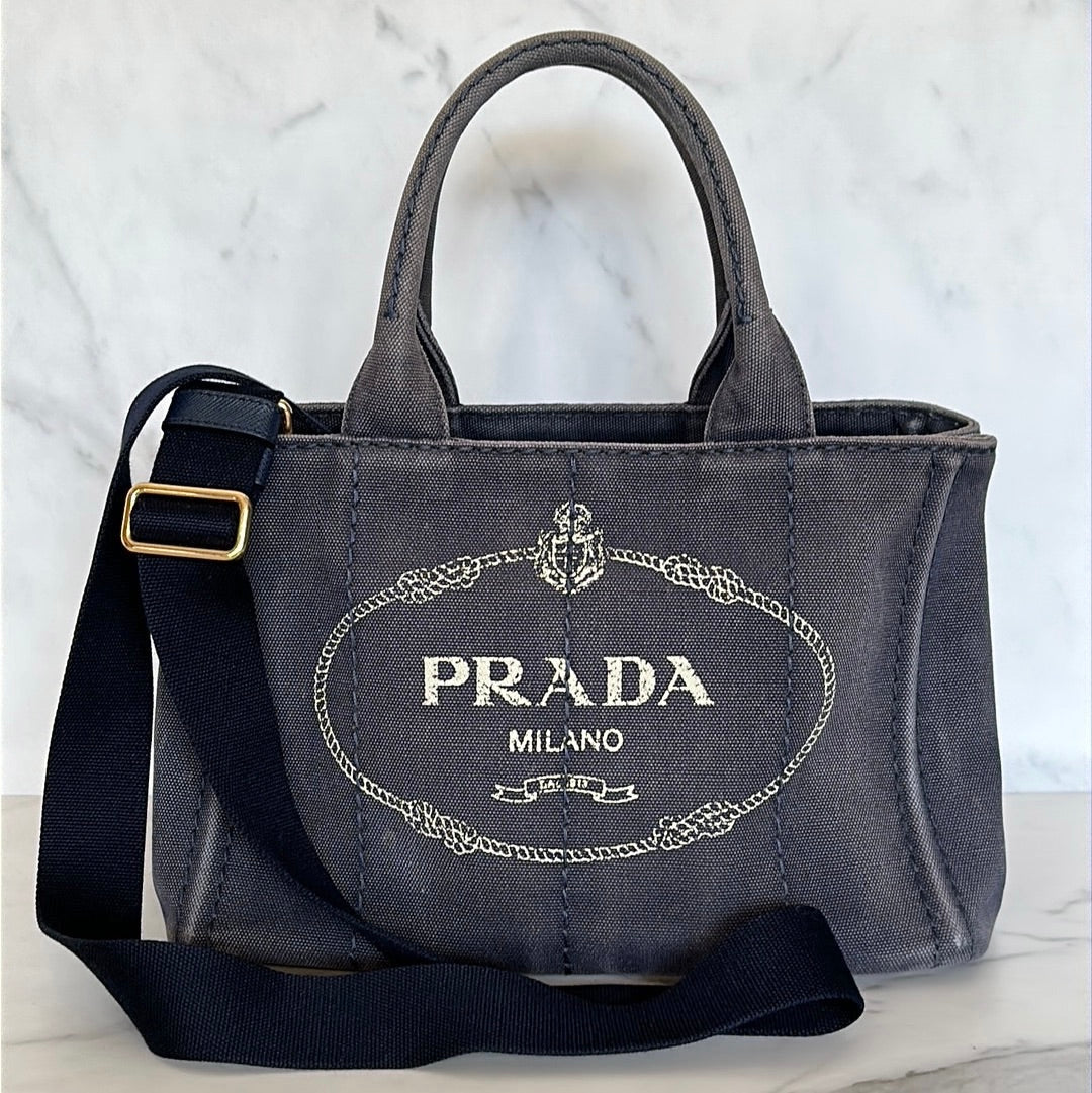 Prada Mini Canapa Canvas Tote Bag Navy Blue, Preowned