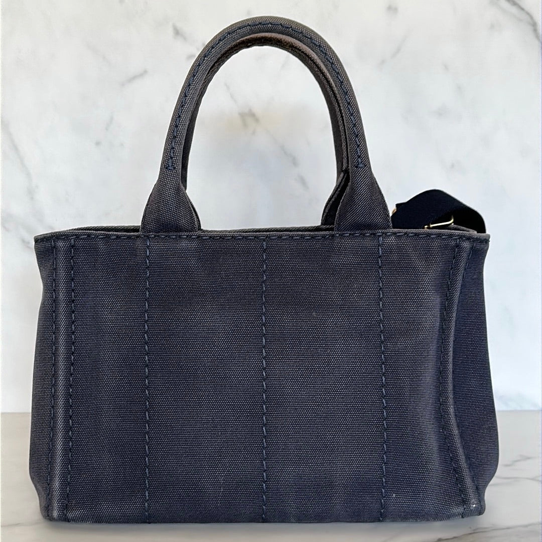 Prada Mini Canapa Canvas Tote Bag Navy Blue, Preowned