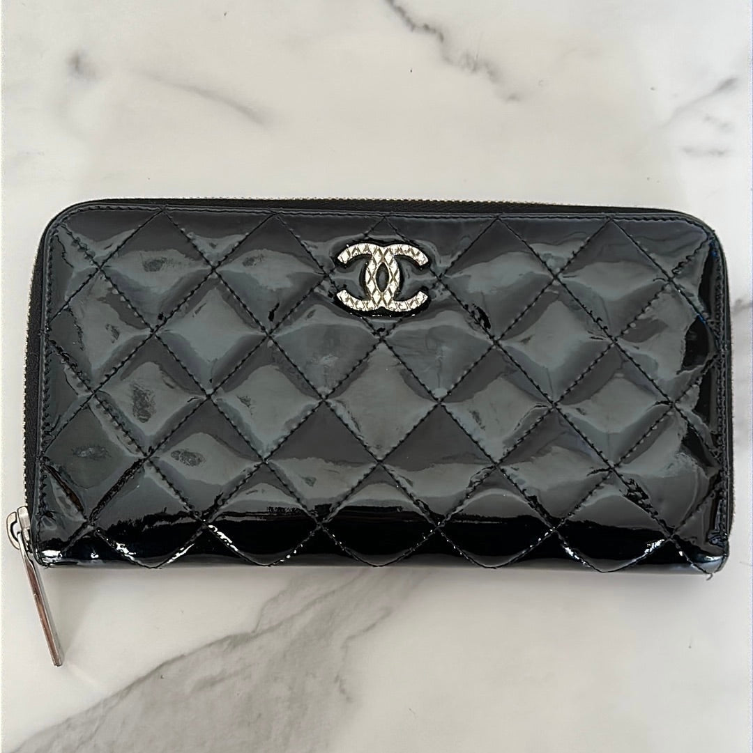 Chanel Quilted Patent Leather Zip Wallet, Preowned