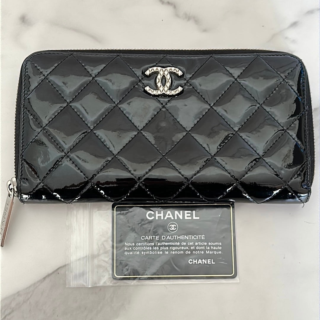 Chanel Quilted Patent Leather Zip Wallet, Preowned