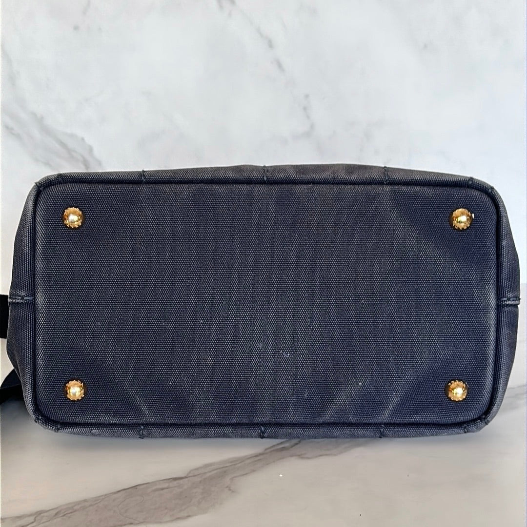 Prada Mini Canapa Canvas Tote Bag Navy Blue, Preowned