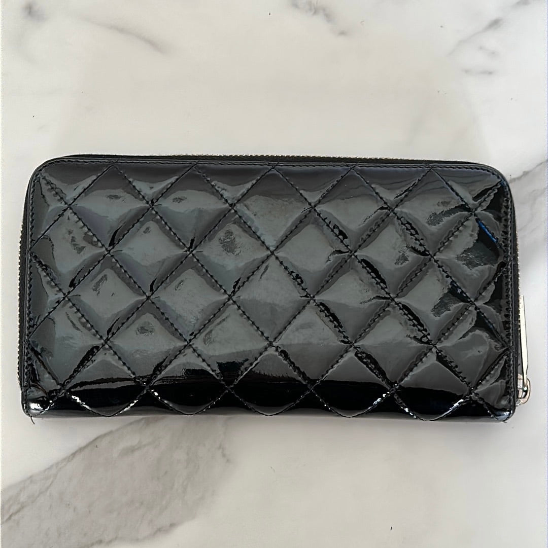 Chanel Quilted Patent Leather Zip Wallet, Preowned